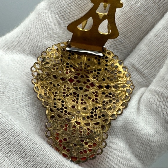 Antique Scarf Clip/brooch Celluloid Coral and Brass #414 - Picture 5 of 7